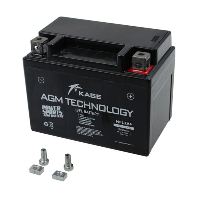 Batterie moto YB4L-B au gel, vue de face avec ses deux bornes