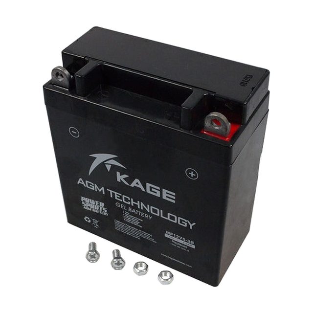 Batterie moto YB5L-B au gel, vue de face avec ses deux bornes