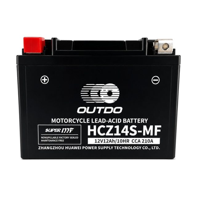 OUTDO HCZ14S-MF, batterie moto YTZ14S vue de face avec ses deux bornes