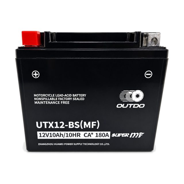 OUTDO UTX12-BS, batterie moto YTX12-BS vue de face avec ses deux bornes