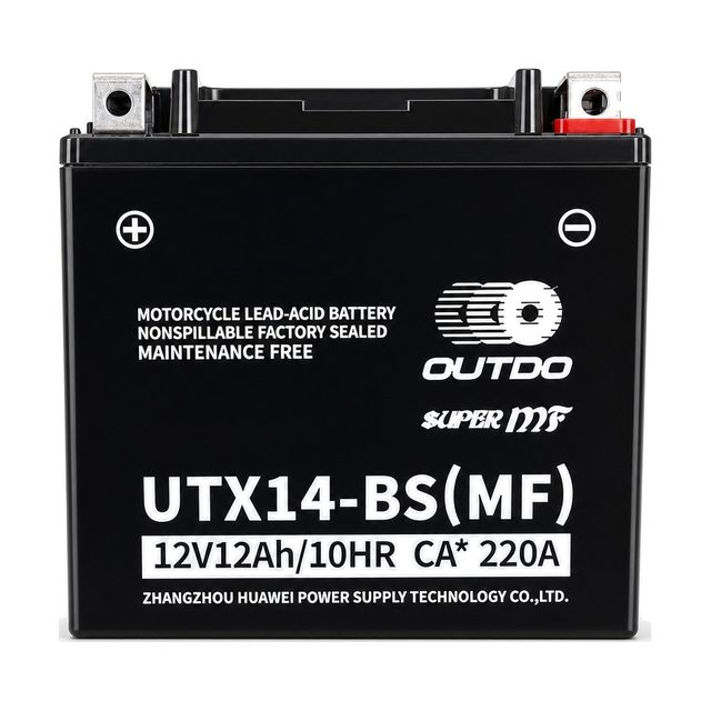 OUTDO UTX14-BS, batterie moto YTX14-BS vue de face avec ses deux bornes