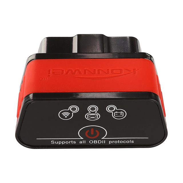 Adaptateur Konnwei KW903 noir et rouge vu de face, avec son bouton marche/arrêt et trois voyants