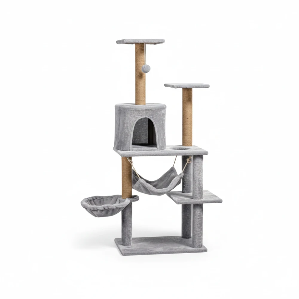 Arbre à chat 125 cm avec hamac, niche et poteaux en sisal