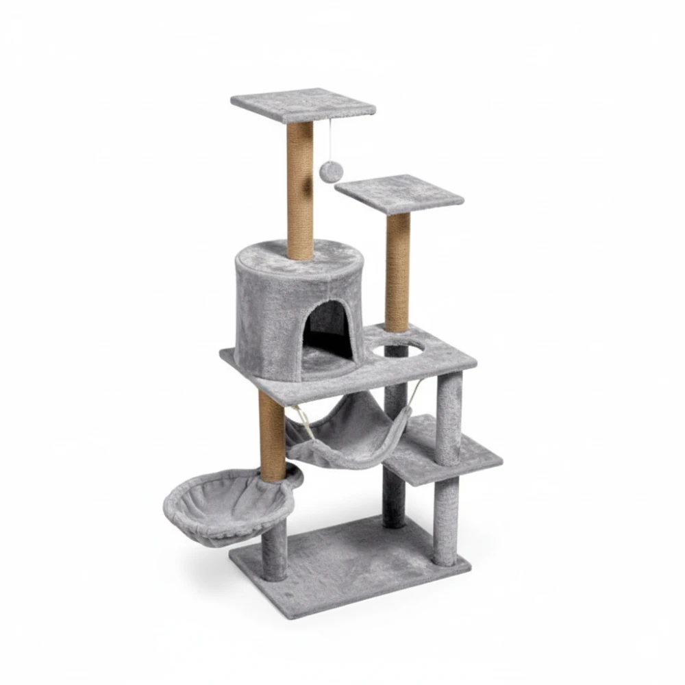Arbre à chat 125 cm avec hamac, niche et poteaux en sisal