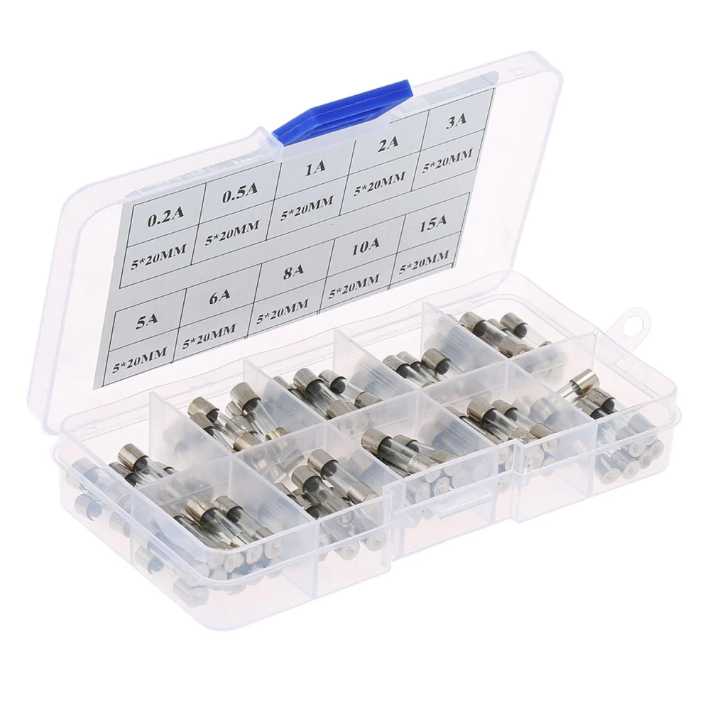Boîte de fusibles 5x20 - 100 fusibles en 10 valeurs de 0,2A à 15A