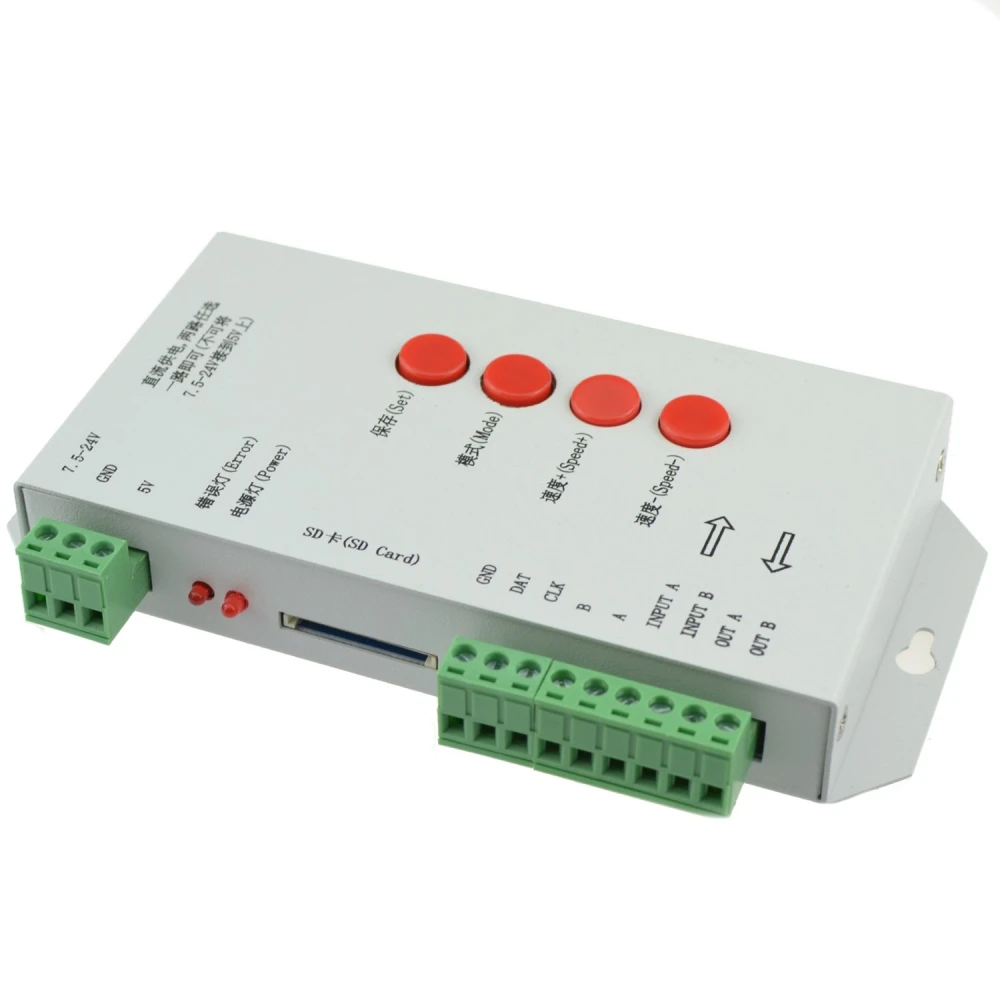 Controlador T-1000S con tarjeta SD y conexiones para tiras LED RGB
