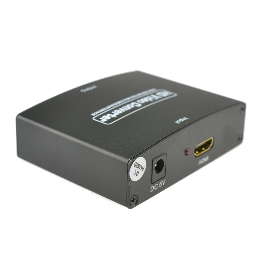 Vista lateral del convertidor HDMI a componente con alimentación y puertos de conexión