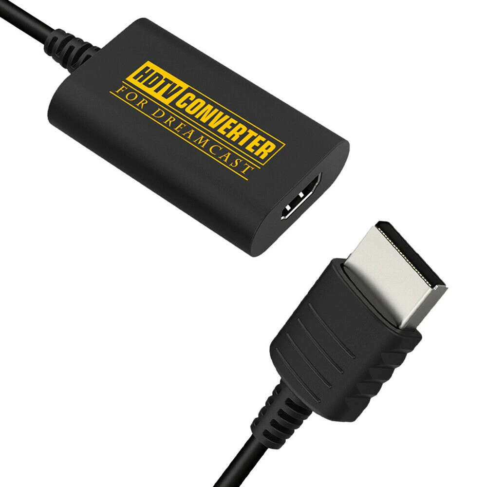 Detalle del cable HDMI para Dreamcast conectado al adaptador