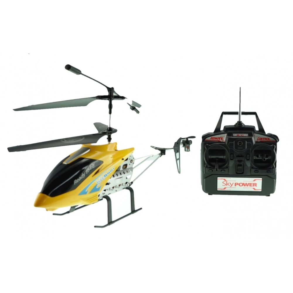 Vista lateral del Helicoptero RC DH8001 rojo con mando y cargador
