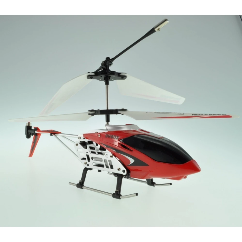 Vista lateral del helicoptero RC DH803 con 3 canales y estructura metálica