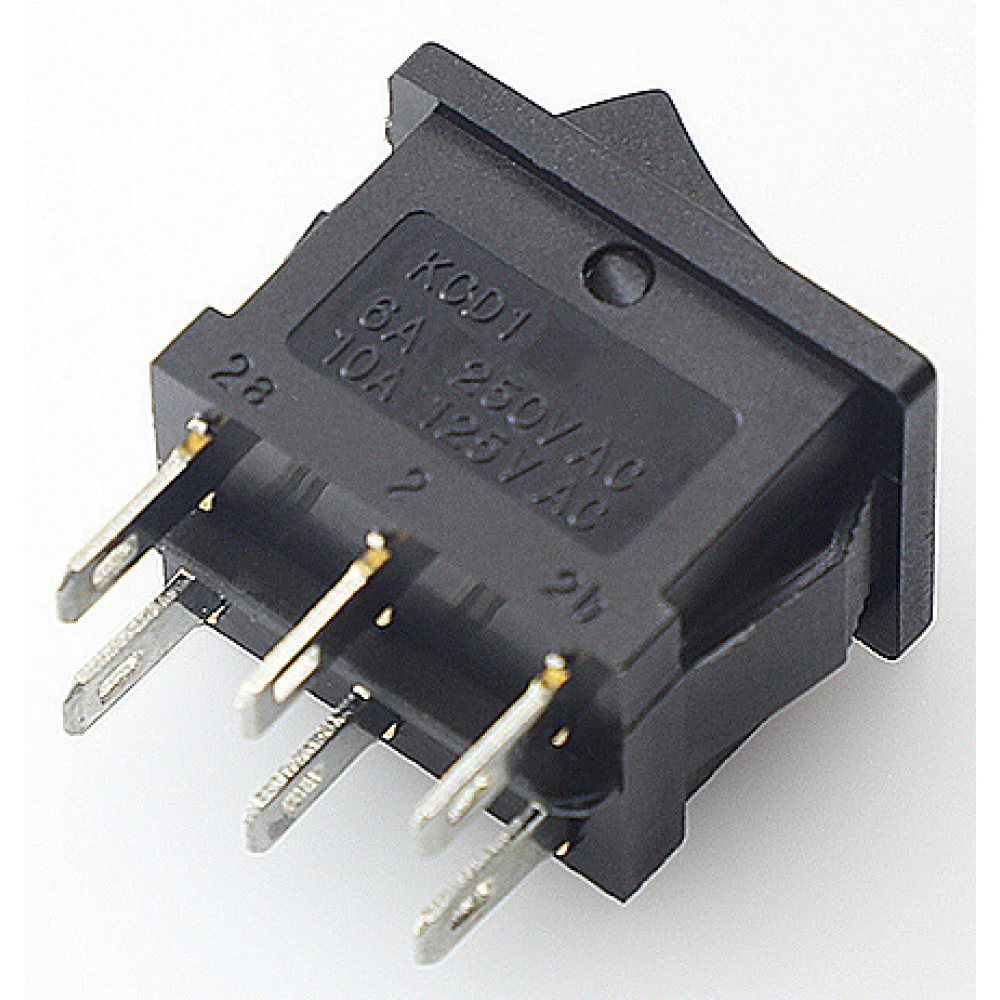 Vista lateral del interruptor basculante KCD1-202 negro de 6 pines