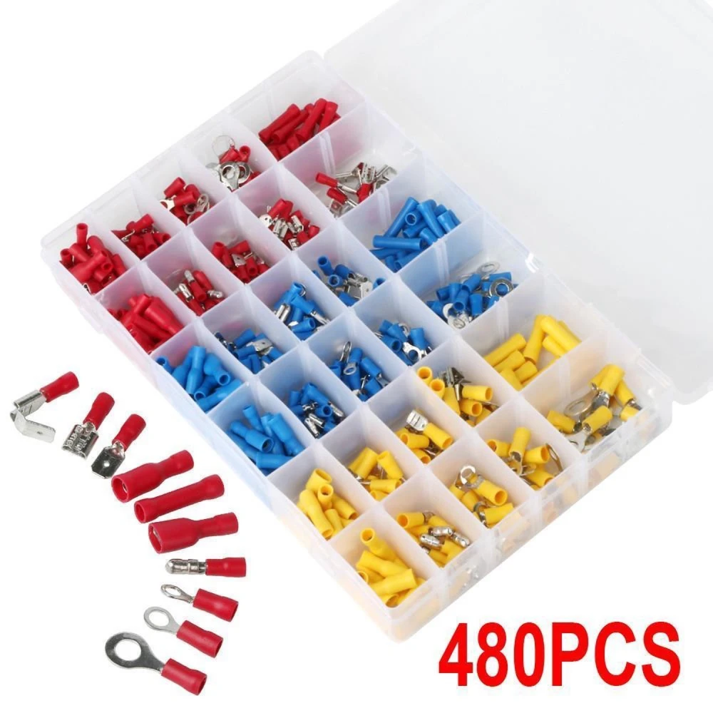 Terminales eléctricos aislados de colores rojo, azul y amarillo para crimpar cables