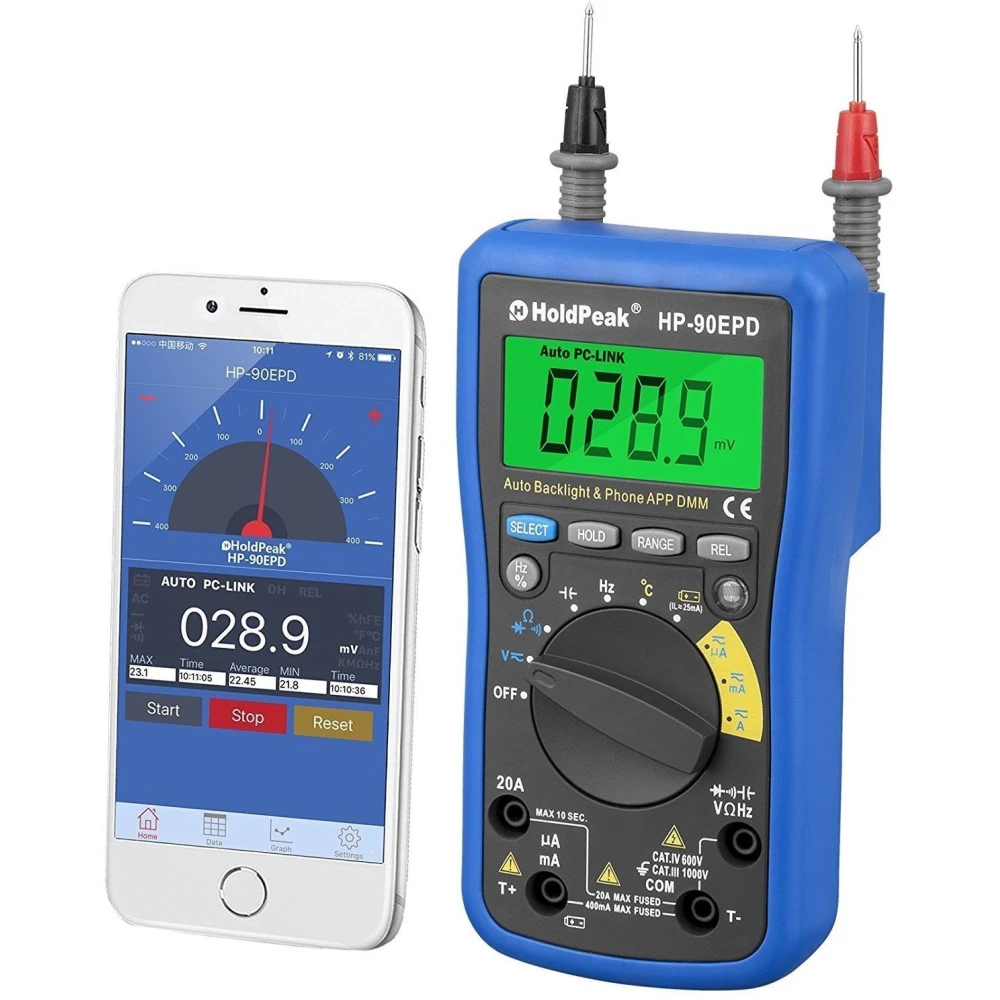 Multimètre numérique HoldPeak HP-90EPD avec appli mobile et auto-range