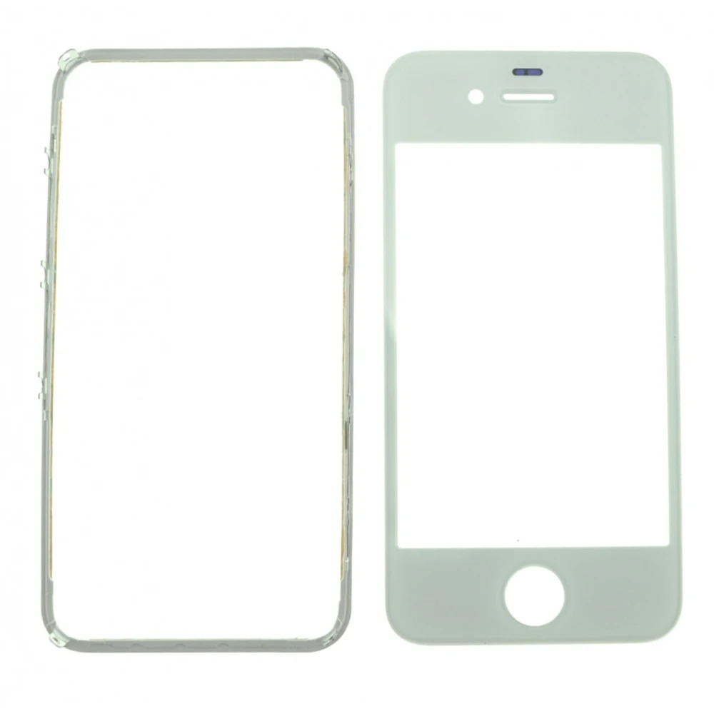 Écran en verre iPhone 4 blanc avec cadre adhésif pour réparation