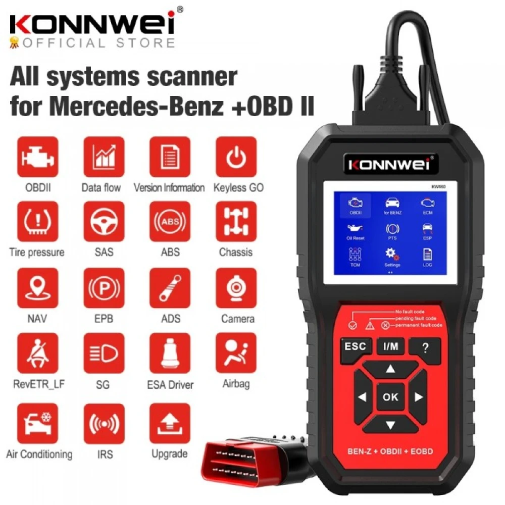 Scanner diagnóstico Mercedes Benz Konnwei KW460 en imagen promocional