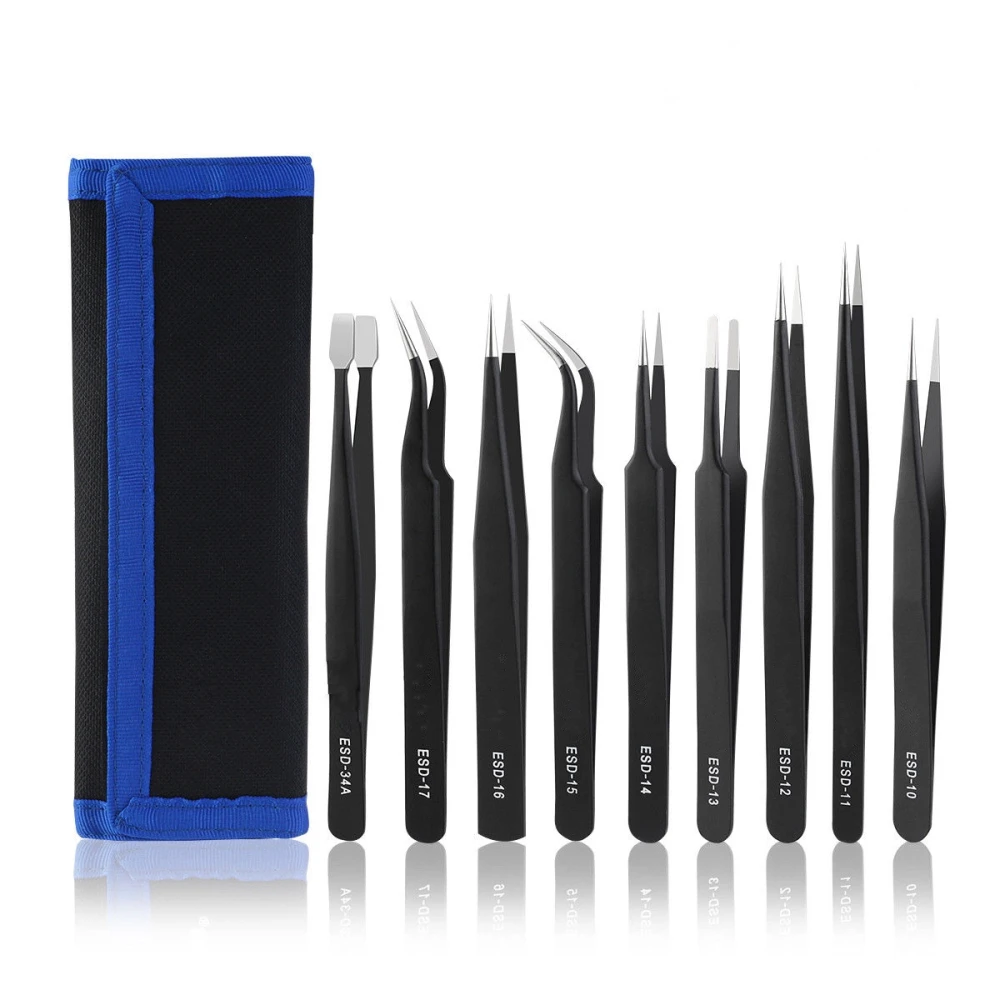 Set de 9 pinces de précision en acier inox avec revêtement antistatique TSX TOOL