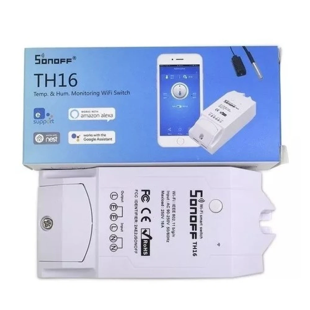 Vista frontal del Sonoff TH16 Wifi conmutador inteligente para control de temperatura