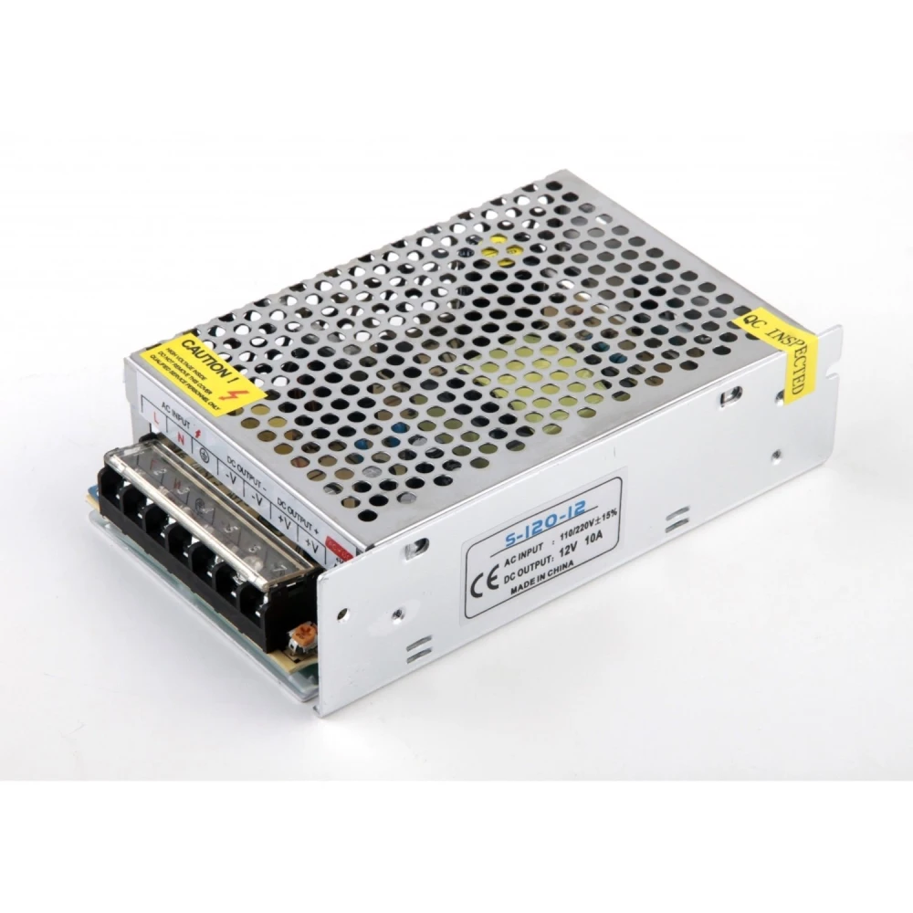 Transformador 220v a 12v 10a con carcasa metalica y terminales de tornillo para conexion segura