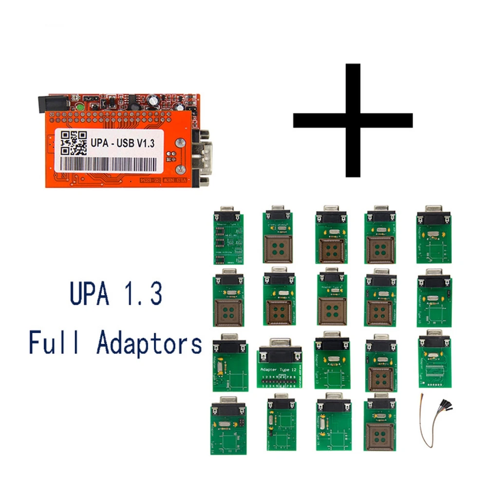 Vista lateral del UPA USB Programmer V1.3 con cables y adaptadores incluidos